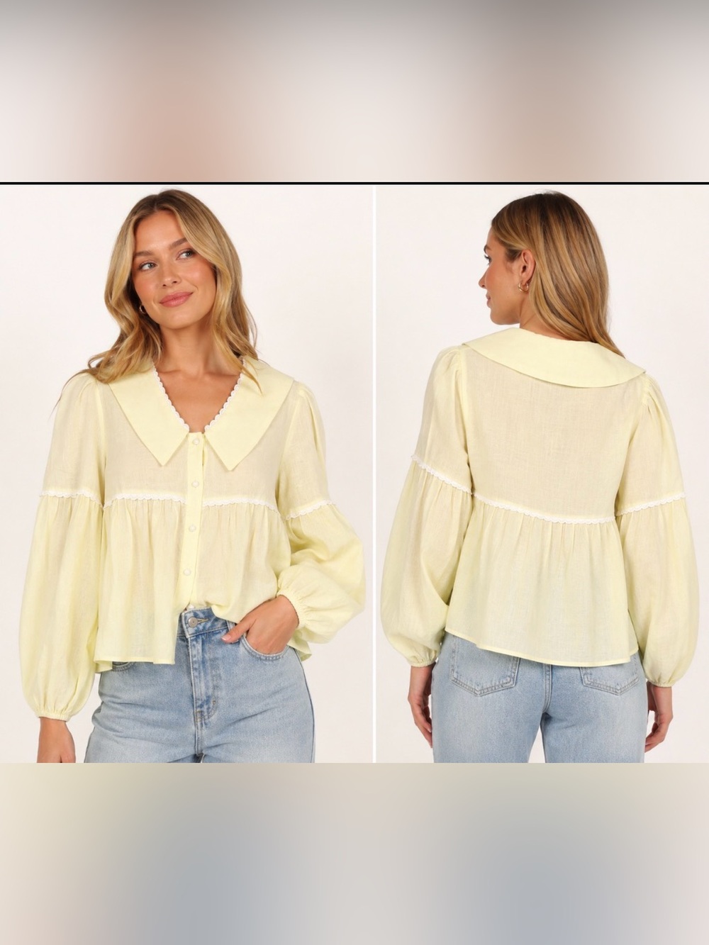 Petal + Pup Pale Yellow Lace Trim Balloon Sleeve Blouse Small